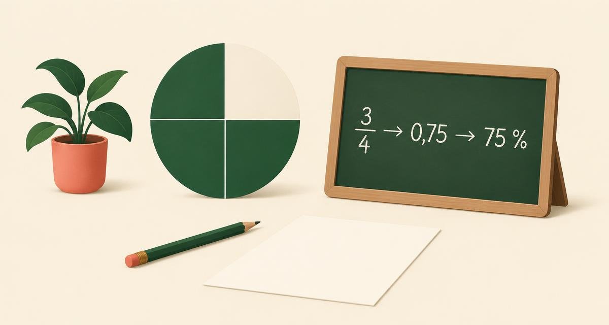 Kreisdiagramm mit drei Vierteln neben einer Tafel mit den gleichwertigen Schreibweisen 3/4, 0,75 und 75 % als Sinnbild für das Umrechnen von Brüchen, Dezimalzahlen und Prozenten